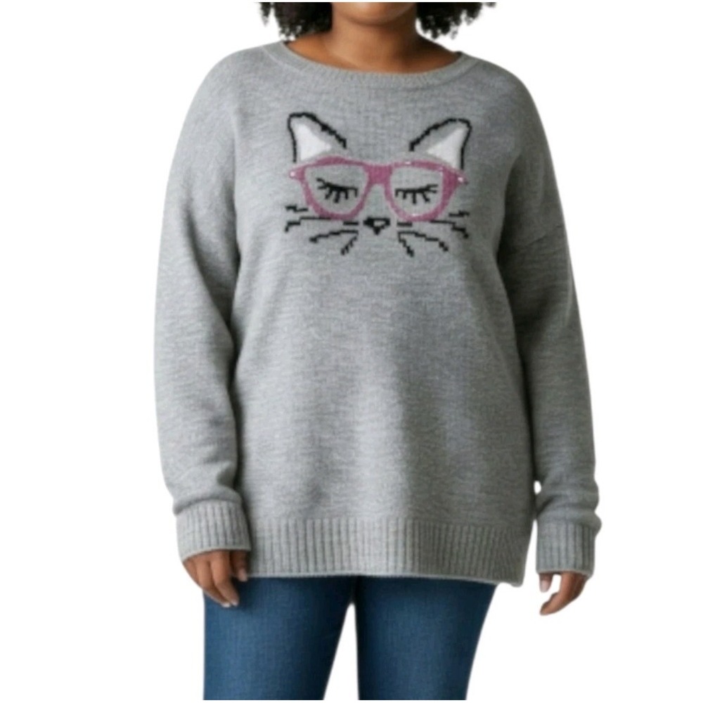 Evri Sweater Womens Plus Size 4X Gray Kitty Cat Cozy‎ Pullover Sparkle Glasses